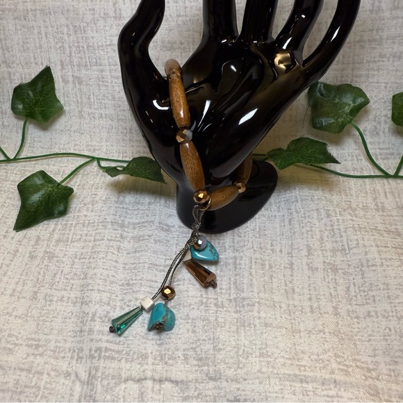 NWT Handmade Wood Bead Bracelet with Real Turquoise & Glass Charms - Picture 2 of 5